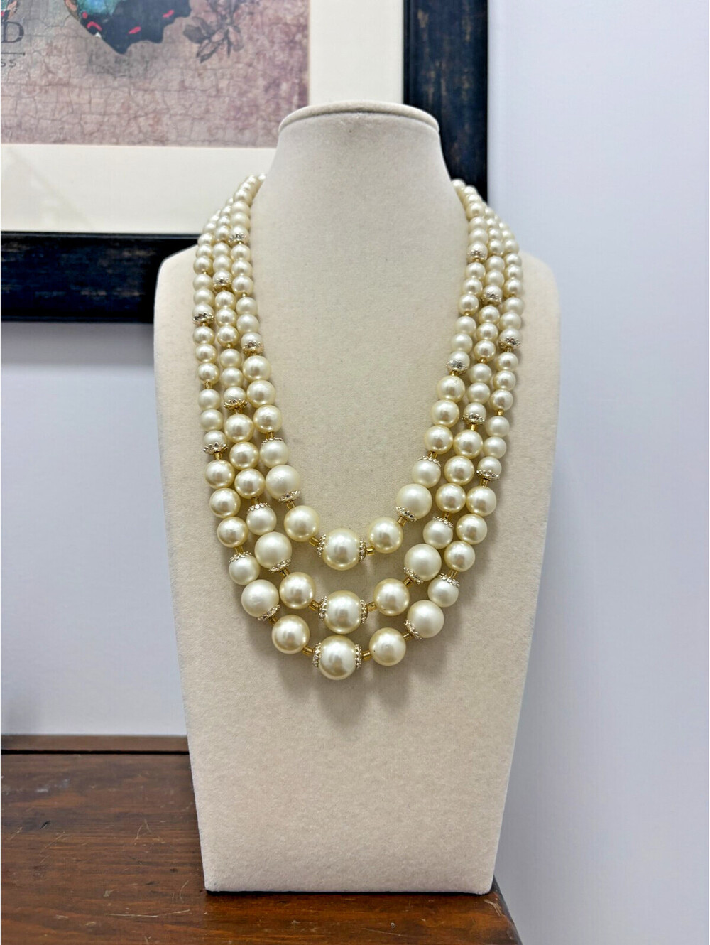 Elegant Vintage Japan 3 Strand Faux Pearl Necklace w Gold Accents 16"